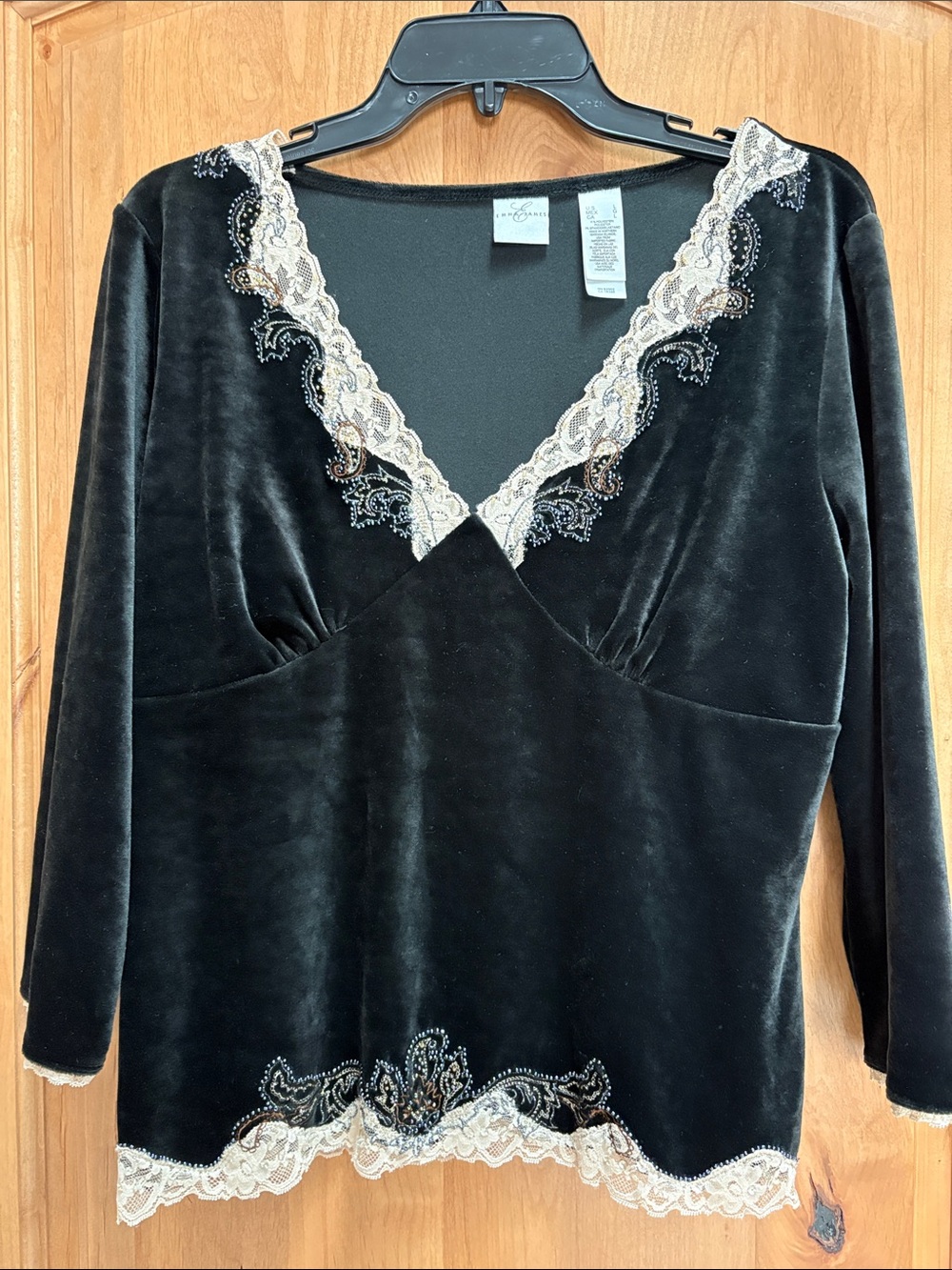 Emma James Black Velvet V-Neck Top with Cream Lace Trim